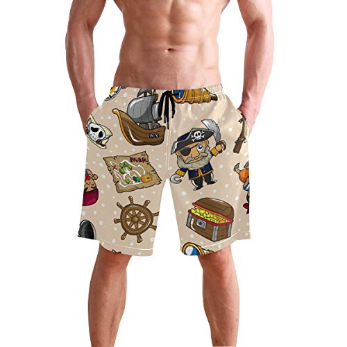 BONIPE - Bañador para Hombre, diseño Retro de Dibujos Animados, Estilo náutico, brújula de Barco Pirata, Secado rápido, con cordón y Bolsillos M