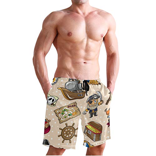 BONIPE - Bañador para Hombre, diseño Retro de Dibujos Animados, Estilo náutico, brújula de Barco Pirata, Secado rápido, con cordón y Bolsillos M