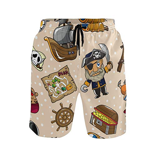BONIPE - Bañador para Hombre, diseño Retro de Dibujos Animados, Estilo náutico, brújula de Barco Pirata, Secado rápido, con cordón y Bolsillos M