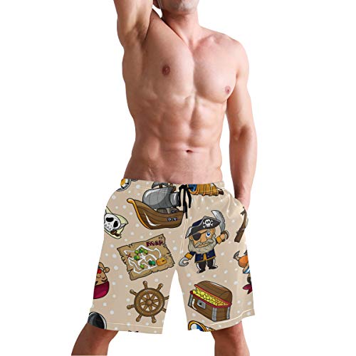 BONIPE - Bañador para Hombre, diseño Retro de Dibujos Animados, Estilo náutico, brújula de Barco Pirata, Secado rápido, con cordón y Bolsillos M