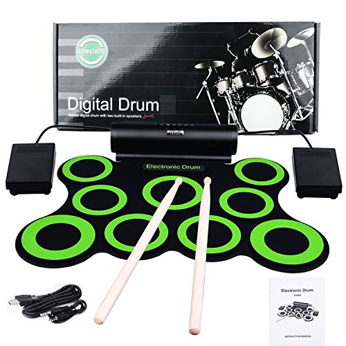 BONROB Juego de Batería Electrónica, Soporte para Juegos DTX, Enrollable y Plegable, Altavoz Incorporado, 9 Pads con Conector para Auriculares, para Cumpleaños de Vacaciones Navideñas