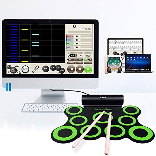 BONROB Juego de Batería Electrónica, Soporte para Juegos DTX, Enrollable y Plegable, Altavoz Incorporado, 9 Pads con Conector para Auriculares, para Cumpleaños de Vacaciones Navideñas
