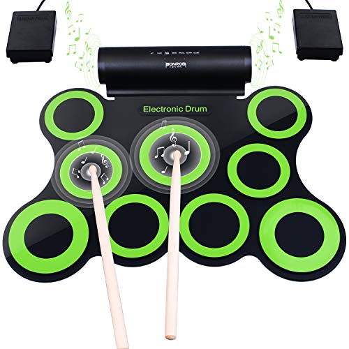 BONROB Juego de Batería Electrónica, Soporte para Juegos DTX, Enrollable y Plegable, Altavoz Incorporado, 9 Pads con Conector para Auriculares, para Cumpleaños de Vacaciones Navideñas