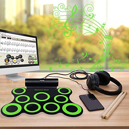 BONROB Juego de Batería Electrónica, Soporte para Juegos DTX, Enrollable y Plegable, Altavoz Incorporado, 9 Pads con Conector para Auriculares, para Cumpleaños de Vacaciones Navideñas