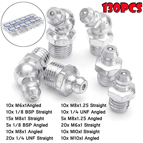 Boquillas De Engrase Hidráulicas Accesorios De Boquillas Tapa De Boquilla De combustible atomizado Galvanizado Métrica Imperial M6 / M8 / M10 BSP UNF 45 ° 90 ° 180 ° in Caja Manga De 130 Piezas