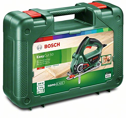 Bosch EasyCut 50 - Sierra (Tecnología NanoBlade, hoja de sierra, tapa protectora, protección contra astillas y maletín, 500 W)