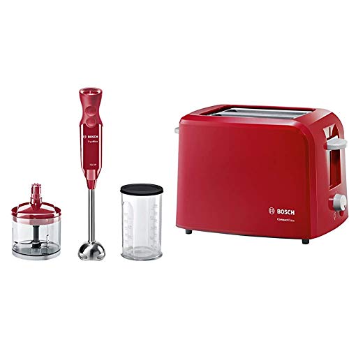 Bosch MSM67120R ErgoMixx Batidora de mano, 750 W, color rojo burdeos + Compact Class TAT3A014 - Tostador, 980 W, 2 Ranuras extra anchas, color Rojo