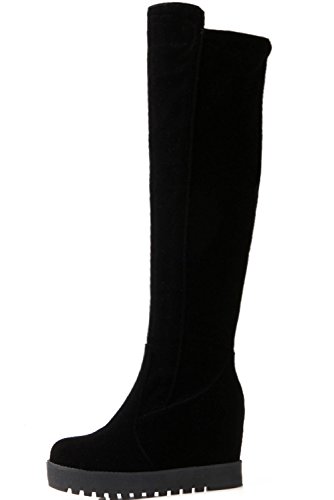 Botas altas largas Mujer Casual Negro Plataforma Caliente Piel sintética Cuña Otoño Invierno Aumento Botas altas de rodilla De BIGTREE 38 EU