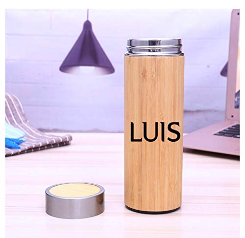 Botella de Agua Acero Inoxidable y bambú. 450 ml,Personalizada. Aislamiento de Vacío de Doble Pared, Botellas Frío/Caliente, Reutilizable para Niños, Colegio, Sport, Gimnasio, Bicicleta
