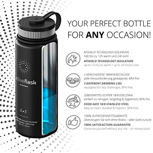 Botella de Agua Térmica Active Flask + Pajita (3 Tapones) sin BPA - 1l & 500ml | Frasco Termo de Acero Inoxidable + Aislamiento Vacío | Cantimplora Aislada Bicicleta Deporte Caliente Fría Café Té