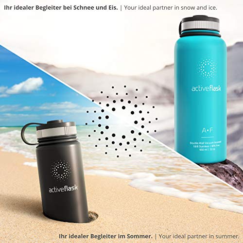 Botella de Agua Térmica Active Flask + Pajita (3 Tapones) sin BPA - 1l & 500ml | Frasco Termo de Acero Inoxidable + Aislamiento Vacío | Cantimplora Aislada Bicicleta Deporte Caliente Fría Café Té