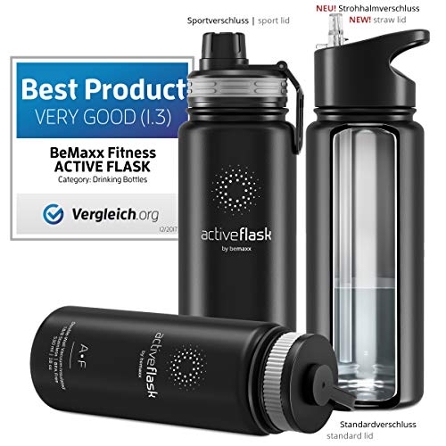 Botella de Agua Térmica Active Flask + Pajita (3 Tapones) sin BPA - 1l & 500ml | Frasco Termo de Acero Inoxidable + Aislamiento Vacío | Cantimplora Aislada Bicicleta Deporte Caliente Fría Café Té