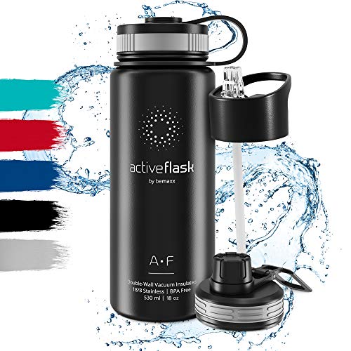 Botella de Agua Térmica Active Flask + Pajita (3 Tapones) sin BPA - 1l & 500ml | Frasco Termo de Acero Inoxidable + Aislamiento Vacío | Cantimplora Aislada Bicicleta Deporte Caliente Fría Café Té