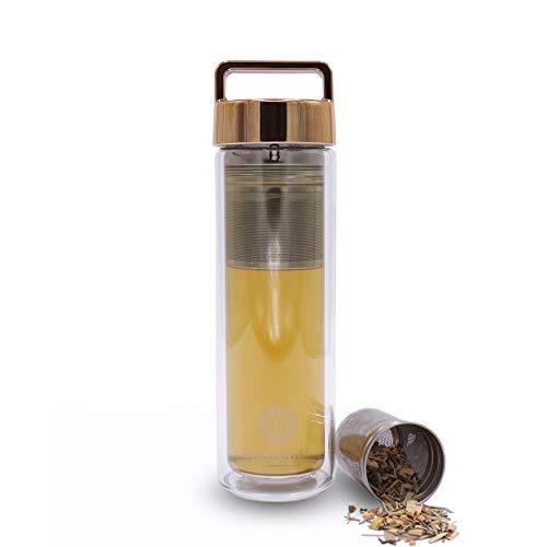 Botella de Té Tetera de Vidrio Tetera para llevar Tetera de vidrio de doble pared con colador Botella de Té 2 Go Design Detox Bpa-free by Luxamel (Gold)