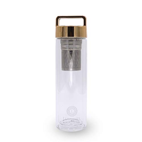 Botella de Té Tetera de Vidrio Tetera para llevar Tetera de vidrio de doble pared con colador Botella de Té 2 Go Design Detox Bpa-free by Luxamel (Gold)