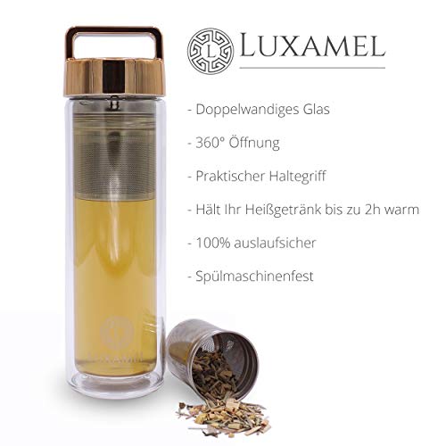 Botella de Té Tetera de Vidrio Tetera para llevar Tetera de vidrio de doble pared con colador Botella de Té 2 Go Design Detox Bpa-free by Luxamel (Gold)