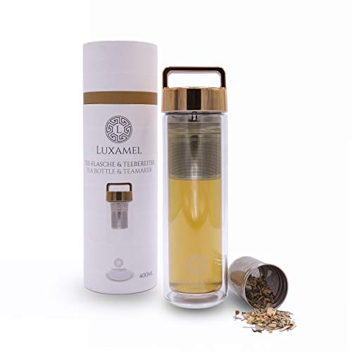 Botella de Té Tetera de Vidrio Tetera para llevar Tetera de vidrio de doble pared con colador Botella de Té 2 Go Design Detox Bpa-free by Luxamel (Gold)