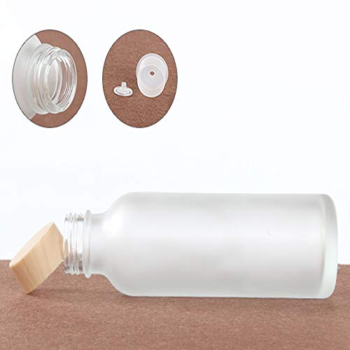 Botella de Vidrio Esmerilado Transparente,Botellas de Dosificación Líquidas,Matraz Volumétrico Cosmético, Botes de Perfume,Con tapa de Grano de Madera (Juego de 4 Tamaños Diferentes).