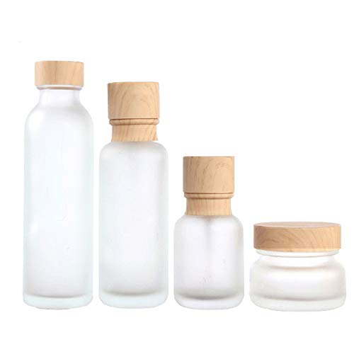 Botella de Vidrio Esmerilado Transparente,Botellas de Dosificación Líquidas,Matraz Volumétrico Cosmético, Botes de Perfume,Con tapa de Grano de Madera (Juego de 4 Tamaños Diferentes).