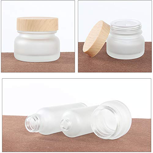 Botella de Vidrio Esmerilado Transparente,Botellas de Dosificación Líquidas,Matraz Volumétrico Cosmético, Botes de Perfume,Con tapa de Grano de Madera (Juego de 4 Tamaños Diferentes).