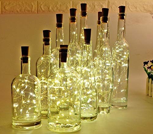 Botella de vino Luces con corcho, 2 metros con 20 LED Luces de cadena de alambre de cobre para botella Decoración de bricolaje, Bbq al aire libre, Fiesta, Boda,Vacaciones (Blanco cálido) Paquete de 10