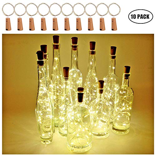 Botella de vino Luces con corcho, 2 metros con 20 LED Luces de cadena de alambre de cobre para botella Decoración de bricolaje, Bbq al aire libre, Fiesta, Boda,Vacaciones (Blanco cálido) Paquete de 10
