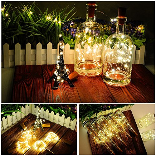 Botella de vino Luces con corcho, 2 metros con 20 LED Luces de cadena de alambre de cobre para botella Decoración de bricolaje, Bbq al aire libre, Fiesta, Boda,Vacaciones (Blanco cálido) Paquete de 10