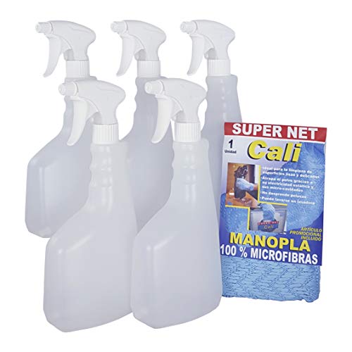 Botella pulverizador vaporizador de plástico. 750 ml. Rellenable para jardín, limpieza, industria, hogar y profesional. Resistente productos químicos. (5 unidades + Manopla Microfibras).
