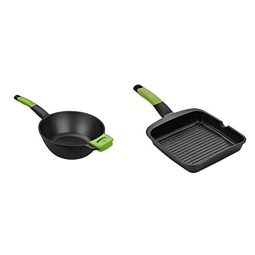 BRA PRIOR - Wok con mango, aluminio fundido con antiadherente + PRIOR - Grill asador con rayas, aluminio fundido con antiadherente Teflon Classic, 28 cm
