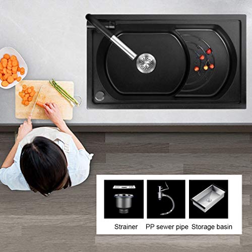 Bricolaje Fregadero De Gran Capacidad Fregadero De Cuarzo Negro Fregadero Cuadrado Ranura Única Estante Multifuncional De Cocina Cinturón Grifo Herramientas (Color : Black, Size : 78 * 46cm)