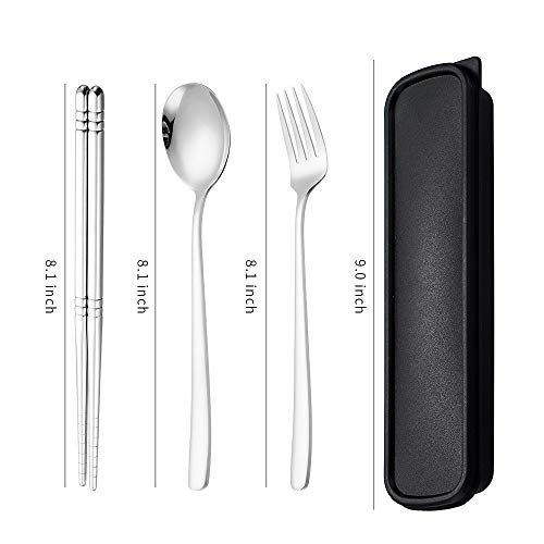 Briout - Juego de cubertería portátil de 3 piezas, utensilios de viaje reutilizables, cubiertos de acero inoxidable 18/8, 4 piezas, tenedor cuchara palillos con funda