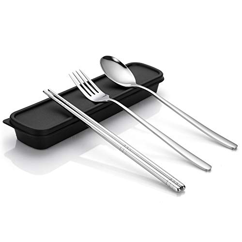 Briout - Juego de cubertería portátil de 3 piezas, utensilios de viaje reutilizables, cubiertos de acero inoxidable 18/8, 4 piezas, tenedor cuchara palillos con funda