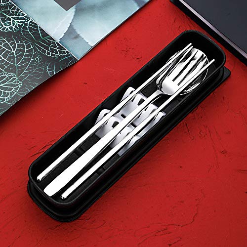 Briout - Juego de cubertería portátil de 3 piezas, utensilios de viaje reutilizables, cubiertos de acero inoxidable 18/8, 4 piezas, tenedor cuchara palillos con funda