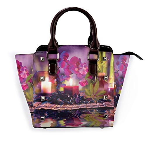 BROWCIN Spa Composición violeta Velas Aceite Orquídeas y bambú sobre agua Hojas naturales Impresión de imagen Desmontable Moda Tendencia Bolso de las señoras Bolso de hombro