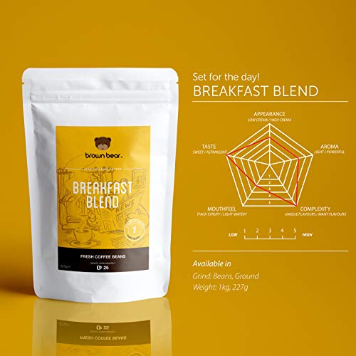 Brown Bear Desayuno Breakfast Blend, Café En Grano, Tostado Suave, 227 g Light Roast Coffee Beans, 5% de las ventas fue donado a Free the Bears Charity