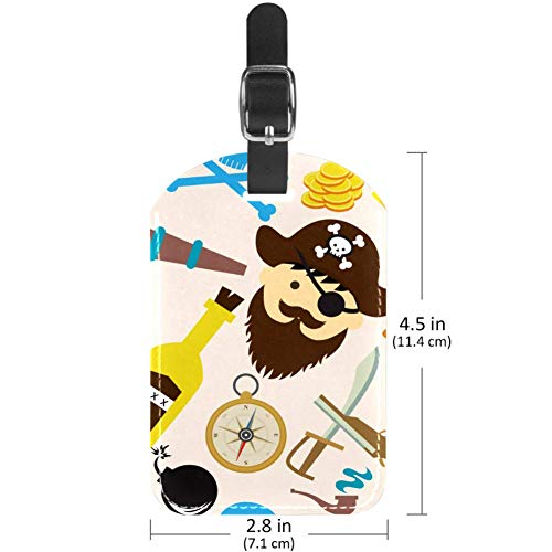 Brújula Pirata de Dibujos Animados Etiquetas de Equipaje de Cuero de la PU para Viajar Diseño de Figura Linda para Viajar Senderismo Escuela de Camping de Negocios, Etiqueta de Bolso 7x11.4cm