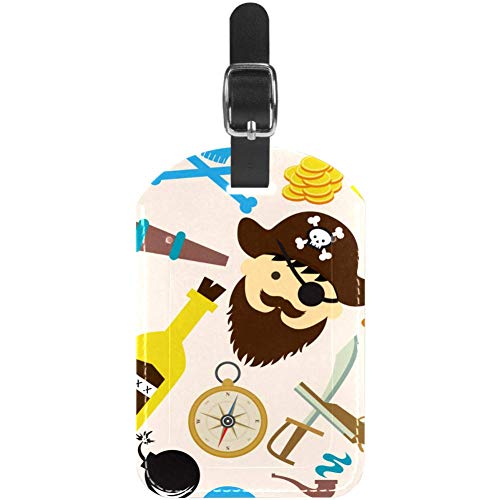 Brújula Pirata de Dibujos Animados Etiquetas de Equipaje de Cuero de la PU para Viajar Diseño de Figura Linda para Viajar Senderismo Escuela de Camping de Negocios, Etiqueta de Bolso 7x11.4cm