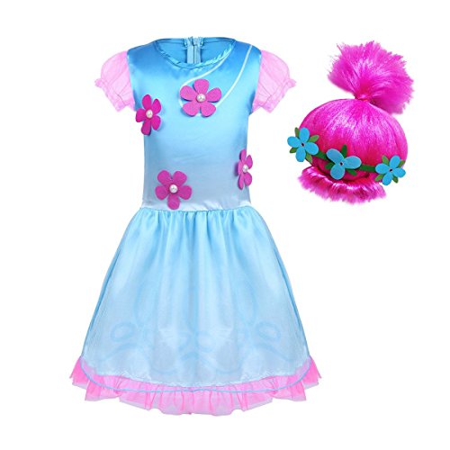 BT WILLING - Disfraz de princesa Poppy, de Trolls, con peluca, para fiestas de disfraces o de Halloween