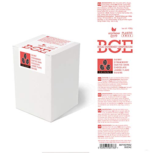Bulk Gourmet Emporium - Pasas flame grandes bañadas en chocolate negro y espolvoreadas con fresa, producto vegetariano, halal y sin envase de plástico, 400 gr