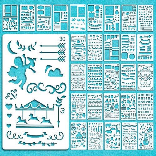 Bullet Journal Stencil Set,30 piezas plantilla dibujo Pintura Set,Plastico Plantillas Dibujo Stencil Bullet Journal para Niños, profesional Bullet Journal Stencil Set planificador dibujo de plástico