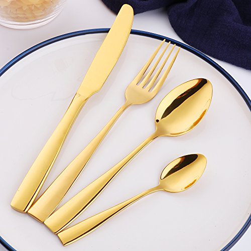 Buyer Star 16 piezas Juego de cubiertos Acero inoxidable Lujo Cubiertos de oro Juegos de vajilla para 4 personas Dorado Utensilios de cubiertos
