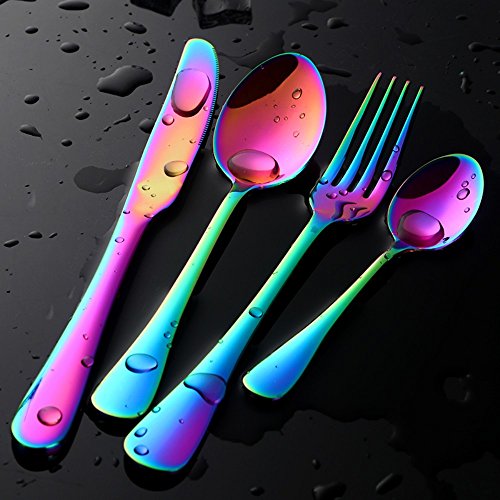 Buyer Star 4 piezas Colorido cubiertos Cubiertos Arco Iris Acero inoxidable Cuberteria Cubiertos Cena utensilios Conjunto