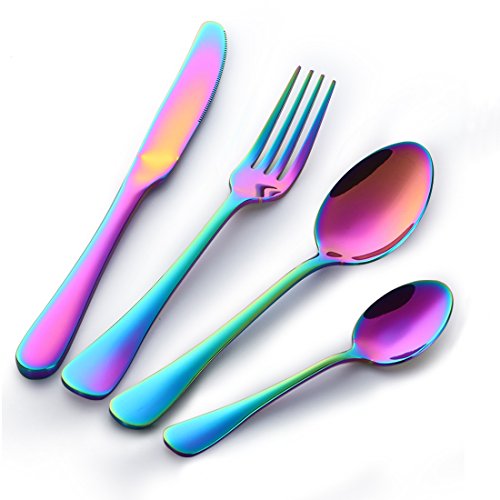 Buyer Star 4 piezas Colorido cubiertos Cubiertos Arco Iris Acero inoxidable Cuberteria Cubiertos Cena utensilios Conjunto
