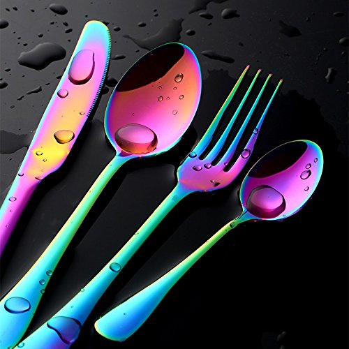 Buyer Star 4 piezas Colorido cubiertos Cubiertos Arco Iris Acero inoxidable Cuberteria Cubiertos Cena utensilios Conjunto