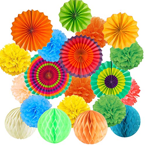 BUYGOO 21 Piezas Decoración Fiesta Abanicos de Papel Flores Pompom Bolas de Nido de Abeja Guirnaldas para Celebración Fiesta Cumpleaños/Boda/Nacimiento/Navidad