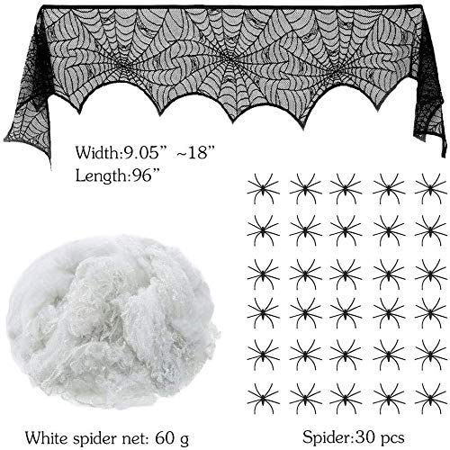 BUZIFU Set de Decoración de Halloween Contiene Una Telaraña, 30 Arañas de Plástico y Una Tela de Encaje Negro para Decorar Chimeneas/Puertas/Ventanas, Telaraña de Halloween, para Fiesta Tienda y Hogar