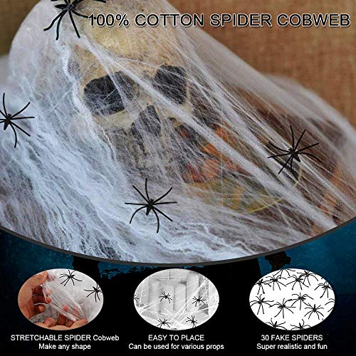 BUZIFU Set de Decoración de Halloween Contiene Una Telaraña, 30 Arañas de Plástico y Una Tela de Encaje Negro para Decorar Chimeneas/Puertas/Ventanas, Telaraña de Halloween, para Fiesta Tienda y Hogar