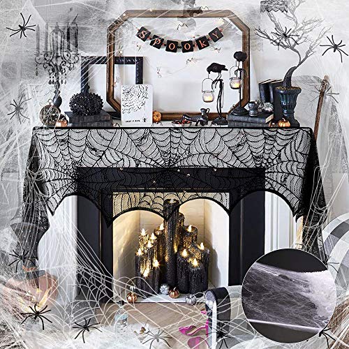 BUZIFU Set de Decoración de Halloween Contiene Una Telaraña, 30 Arañas de Plástico y Una Tela de Encaje Negro para Decorar Chimeneas/Puertas/Ventanas, Telaraña de Halloween, para Fiesta Tienda y Hogar