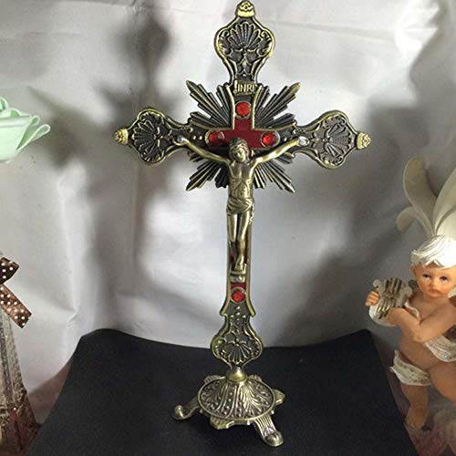 BWYFGRT Reliquias de la Iglesia Estatuillas Crucifijo Jesucristo en el Soporte Cruz de la Pared Altar religioso Antiguo Decoración de la Capilla del hogar 4 Colores.Oro