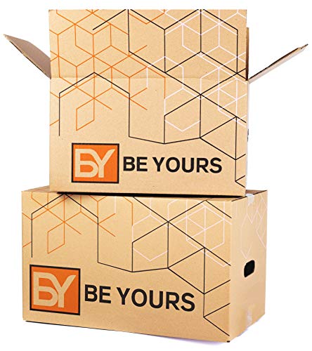 BY BE YOURS Pack de 20 Cajas Carton Mudanza con asas - 430x300x250 mm - Cajas Mudanza Ultra Resistentes - Cajas Almacenaje Fabricadas en España
